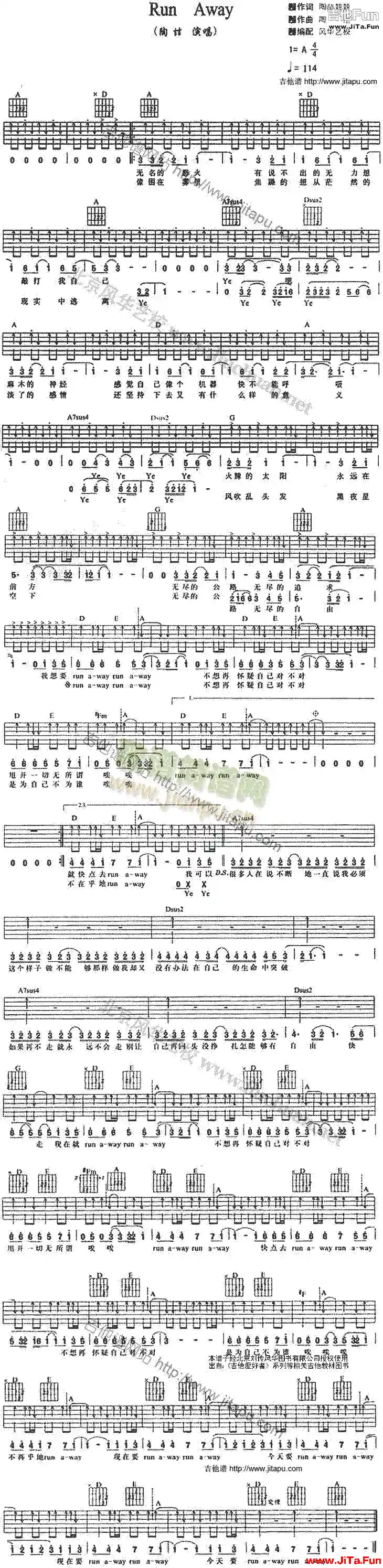 陶喆《Run-Away》Guitar吉他簡譜（1張圖片）-吉他譜