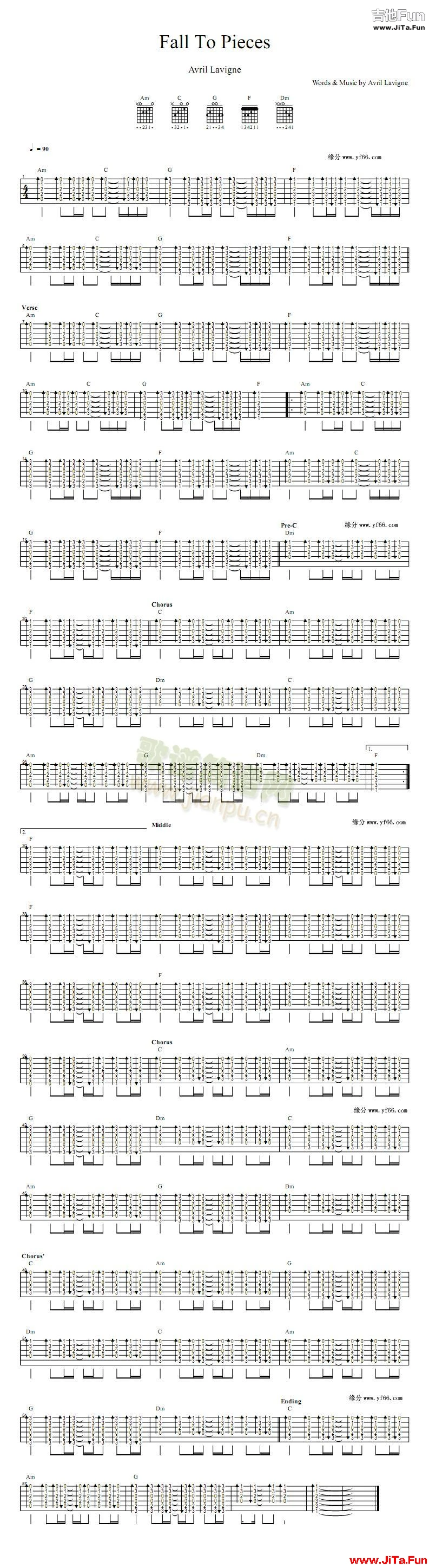 AvrilLavigne《fall to pieces》Guitar吉他譜（1張圖片）-吉他譜