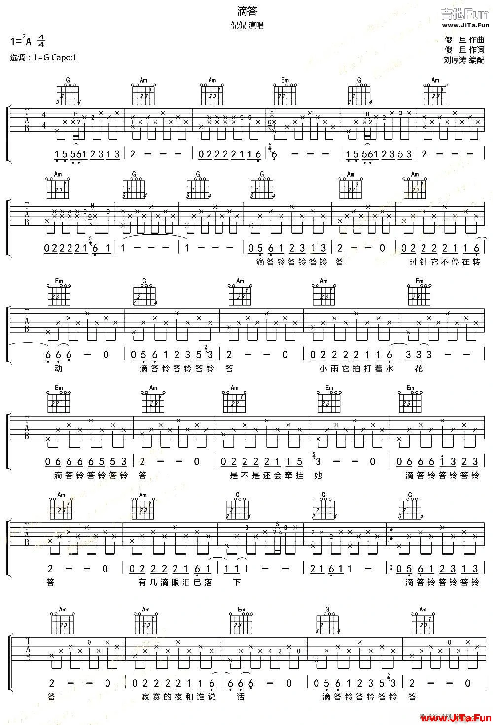 《滴答（劉厚濤編配版）》Guitar吉他簡譜（1張圖片）-吉他譜