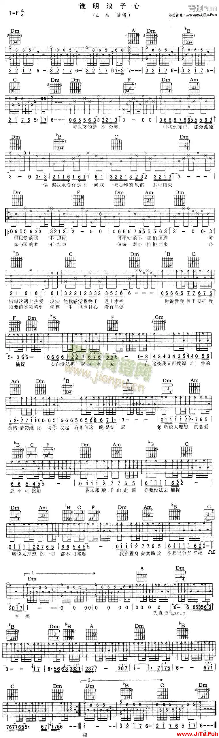 王傑《誰明浪子心》Guitar吉他簡譜（1張圖片）-吉他譜