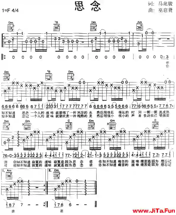 巫啟賢《思念》Guitar吉他譜（1張圖片）-吉他譜