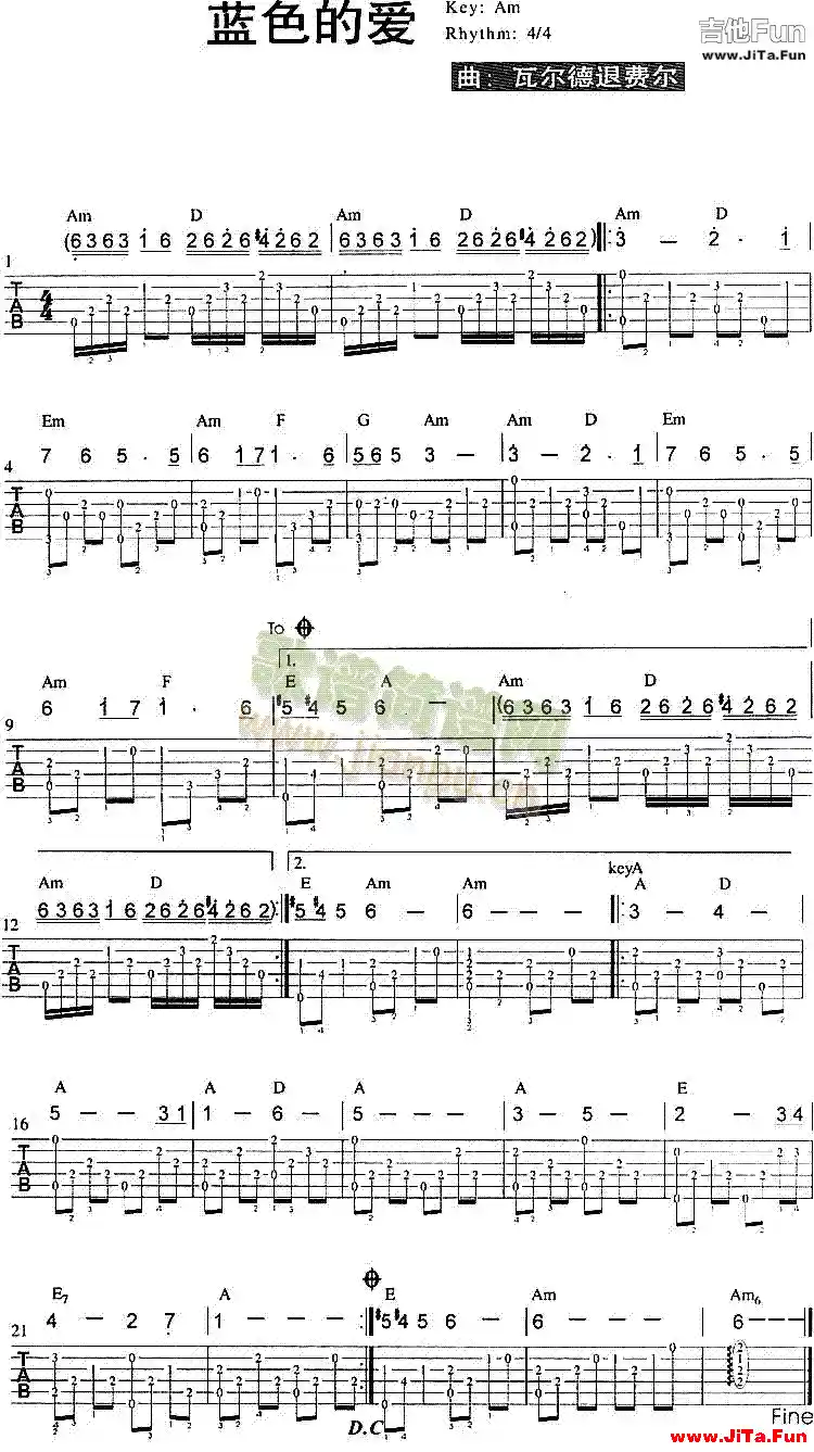 《Love is blue - 藍色的愛吉他譜( 六線譜)》吉他圖片譜（1張圖片）-吉他譜