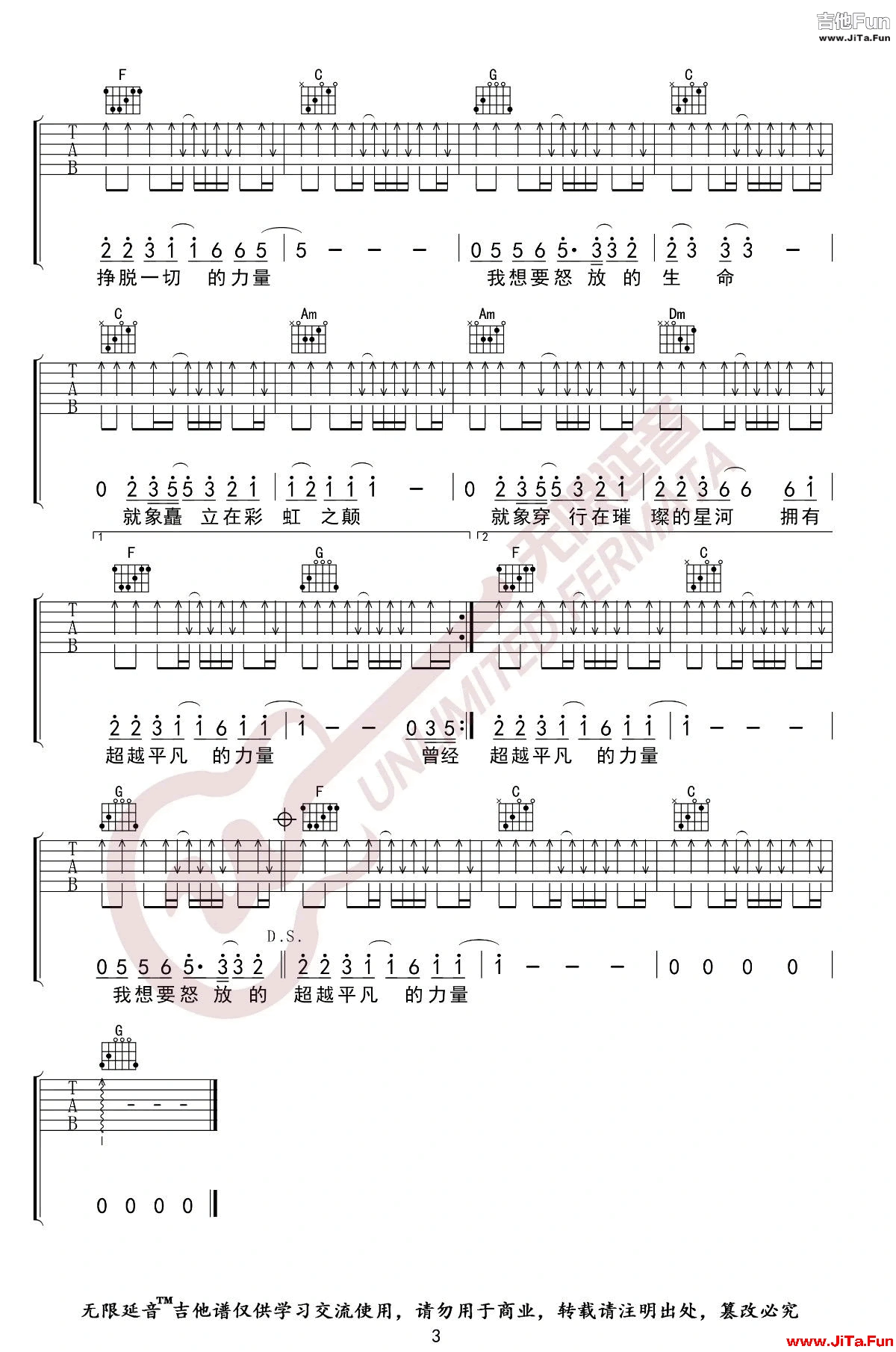 汪峰《怒放的生命》吉他譜3