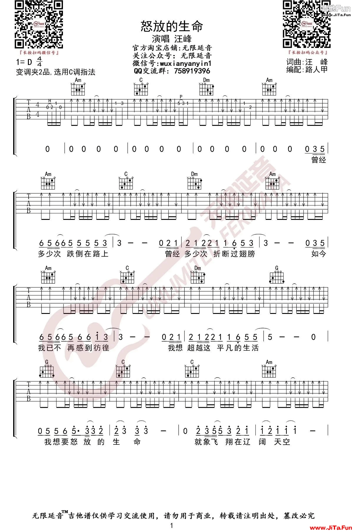 汪峰《怒放的生命》吉他譜1