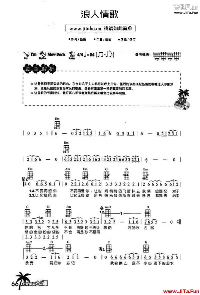 伍佰-浪人情歌ukulele譜