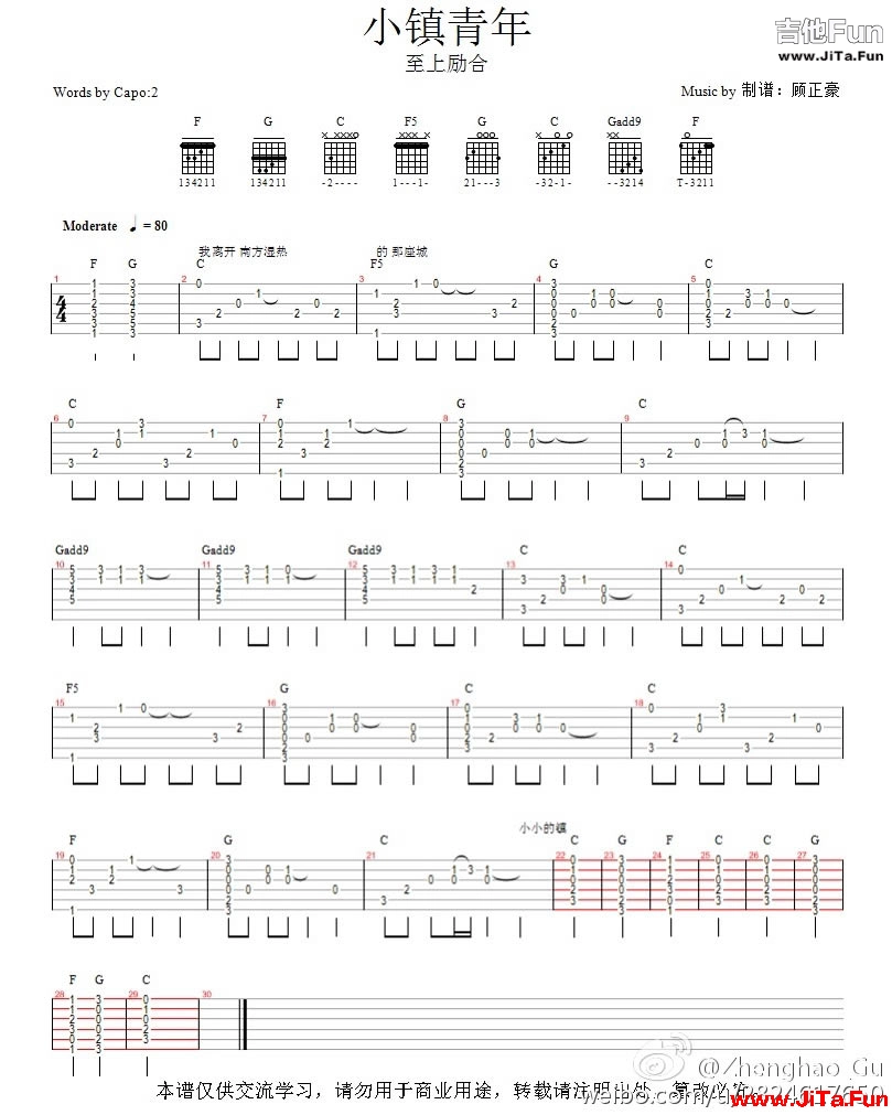 至上勵合《小鎮青年》吉他譜