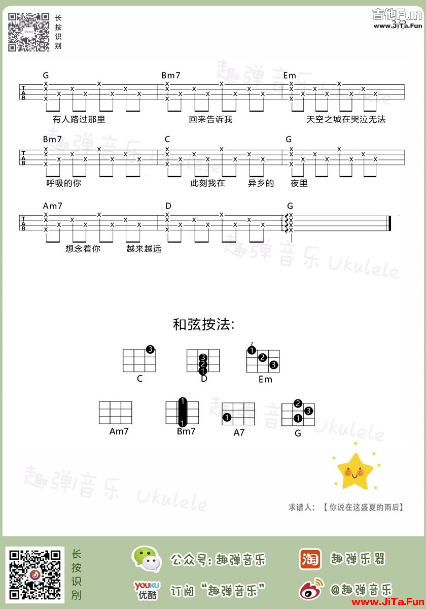 中國新歌聲 天空之城烏克麗麗譜