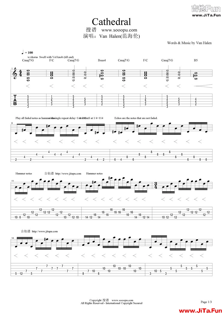 Van Halen(范海倫)《Cathedral》吉他譜-吉他譜