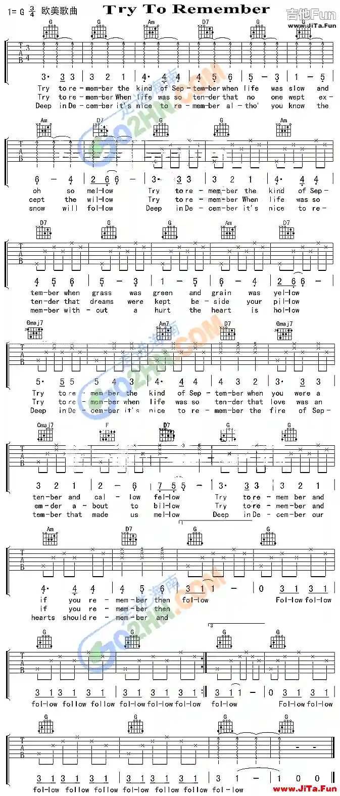 《Try To Remember》吉他譜（1張圖片）-吉他譜