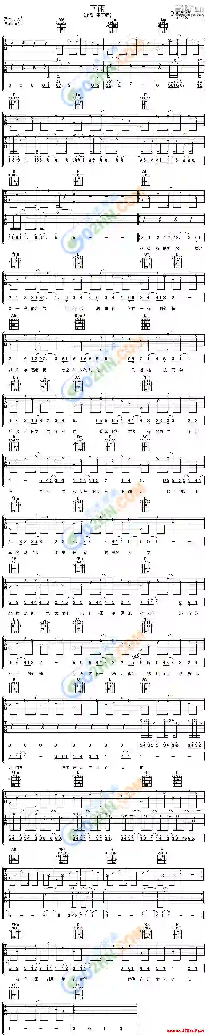 下雨吉他譜-吉他六線譜精選